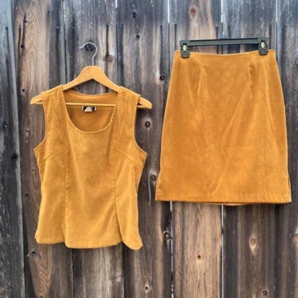 Vintage Dresses & Skirts - Vintage 90s Marigold Mustard Faux Suede Top & Pencil Skirt Set M